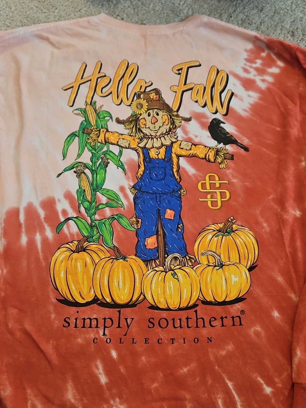 Simply Southern Orange and Cream Tie-Dye 'Hello Fall' Scarecrow Long Sleeve Tee